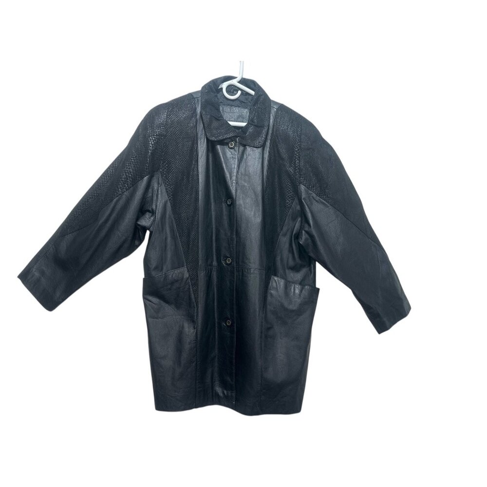 Jaqueline Ferrar Vintage Retro Leather Jacket Coat XL Black Button Down Western